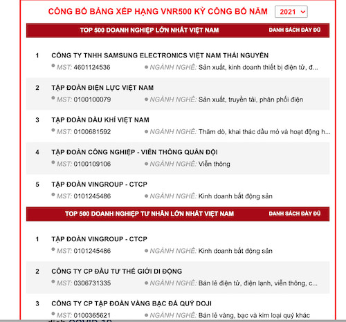 Những doanh nghiệp đứng đầu bảng xếp hạng Top 500 doanh nghiệp lớn nhất.