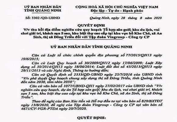 Quyết định thu hồi của UBND tỉnh Quảng Ninh với dự án của Tập đoàn Vingroup.