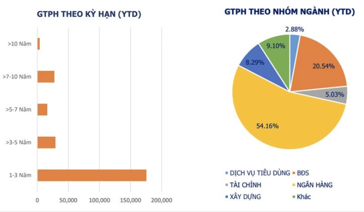 Giá trị phát hành trái phiếu doanh nghiệp trong 10 tháng theo kỳ hạn và theo nhóm ngành. Nguồn: VBMA.