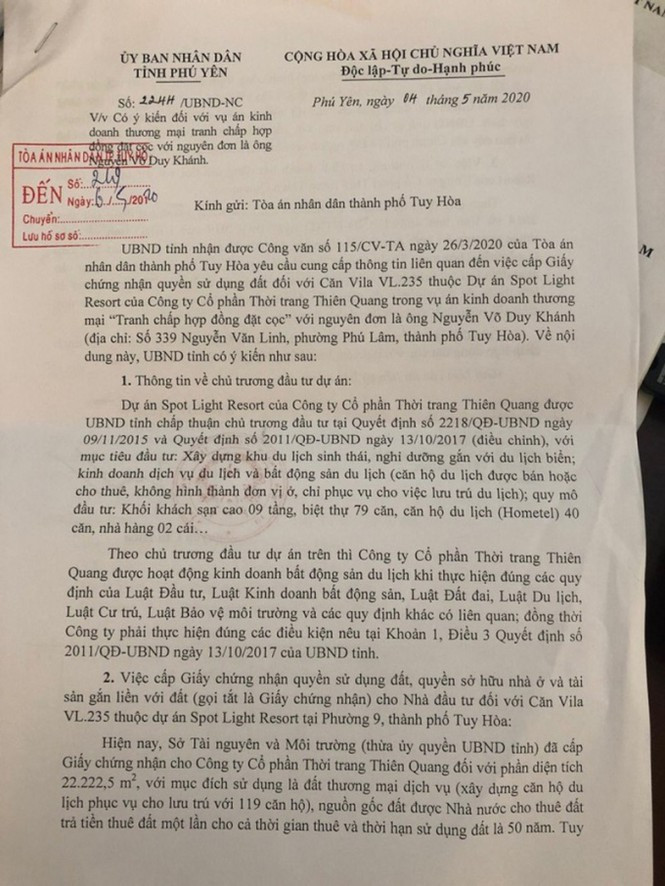 Công văn của UBND tỉnh Phú Yên gửi Tòa án TP Tuy Hòa khẳng định, việc cấp giấy chứng nhận cho loại hình căn hộ du lịch này do pháp luật đất đai chưa có quy định.