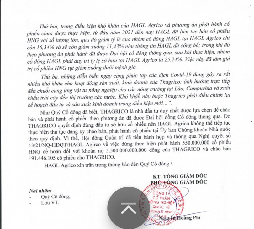 Công văn số 26/21/CV-HAGL Agrico phát đi vào ngày hôm qua 24/7 được ký bởi ông Nguyễn Hoàng Phi, Phó Tổng giám đốc HAGL Agrico thông báo việc ông Trần Bá Dương dừng đầu tư vào HAGL Agrico. 
