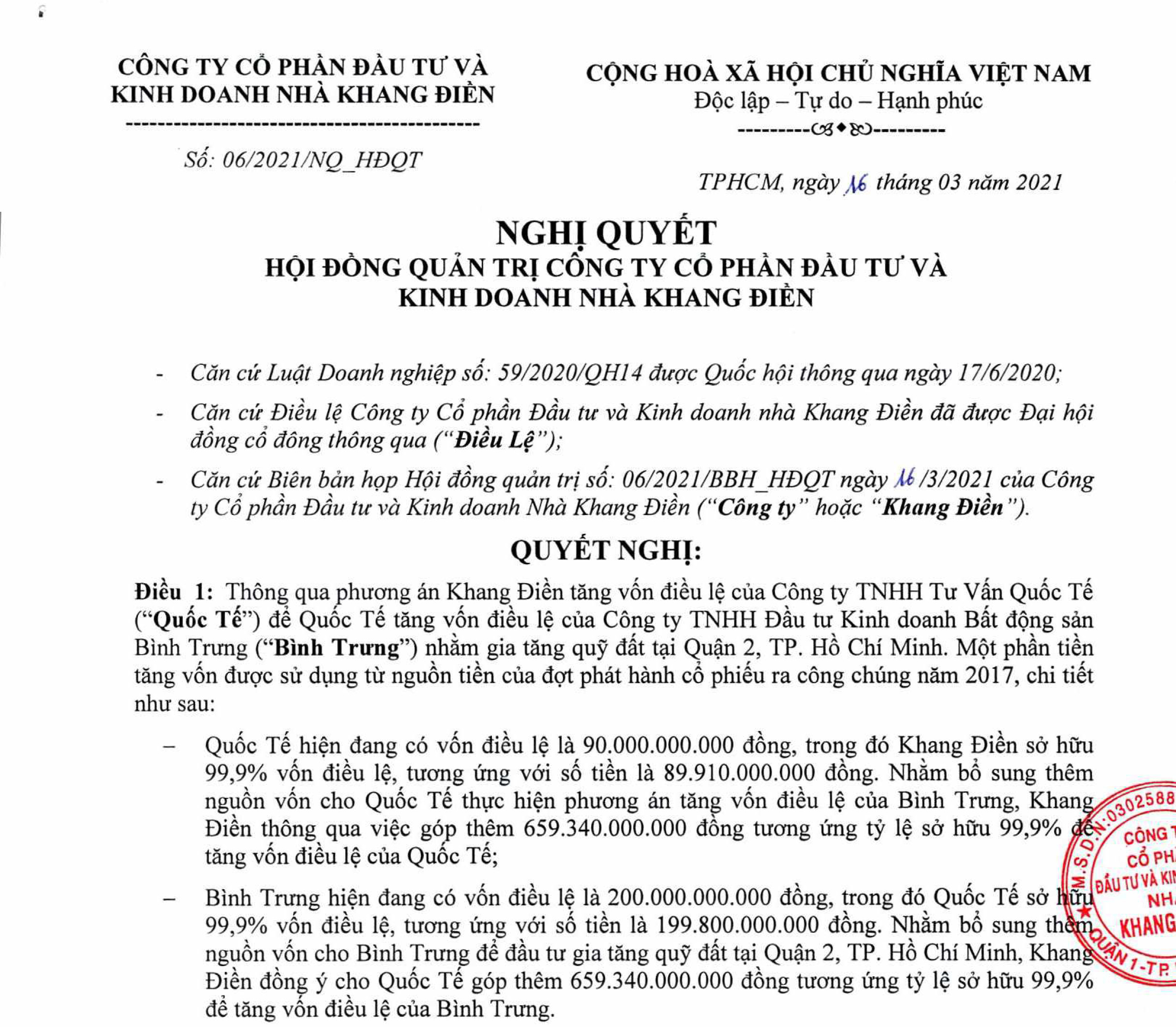 Bà Mai Trần Thanh Trang, Chủ tịch HĐQT Nhà Khang Điền (KDH) vừa ký Nghị quyết 06/2021/NQ_HĐQT ngày 16/03/2021 về việc tăng vốn điều lệ tại 2 công ty con.