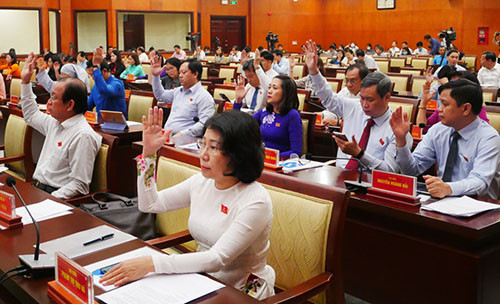 Các đại biểu biểu quyết thông qua tờ trình của UBND TP