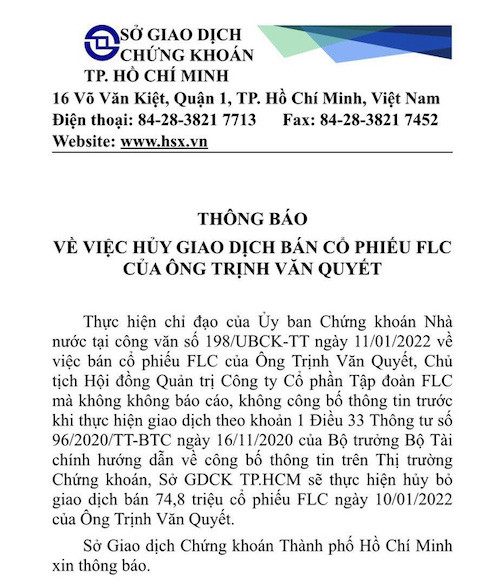 Thông báo của Sở Giao dịch Chứng khoáng TPHCM