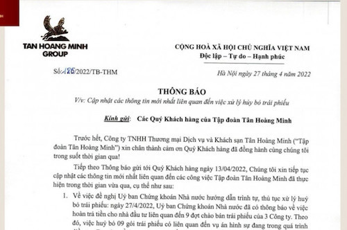 Thông báo mới nhất của Tân Hoàng Minh về việc trả tiền cho nhà đầu tư