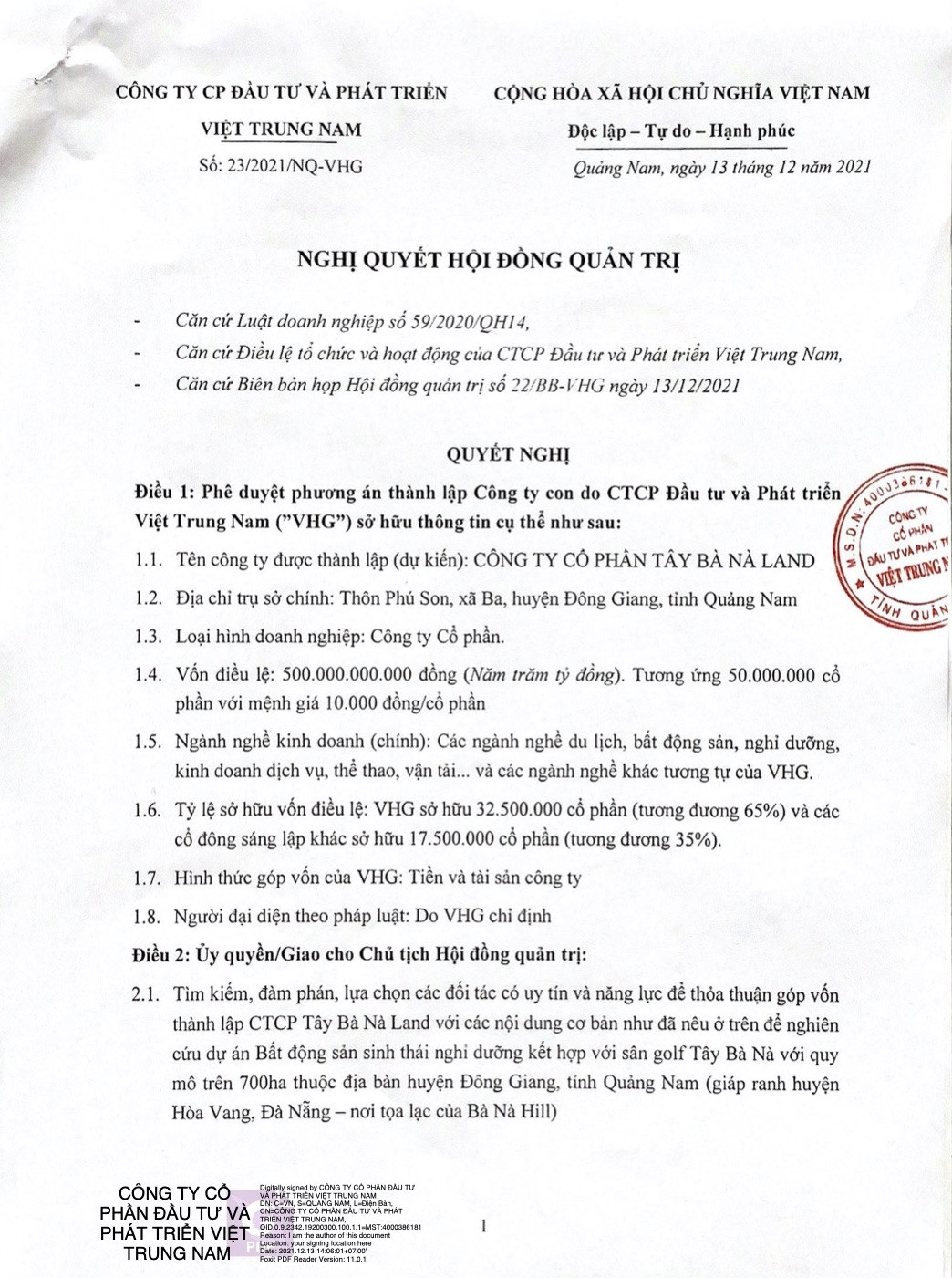 Quyết nghị của HĐQT về việc thành lập công ty con Tây Bà Nà Land